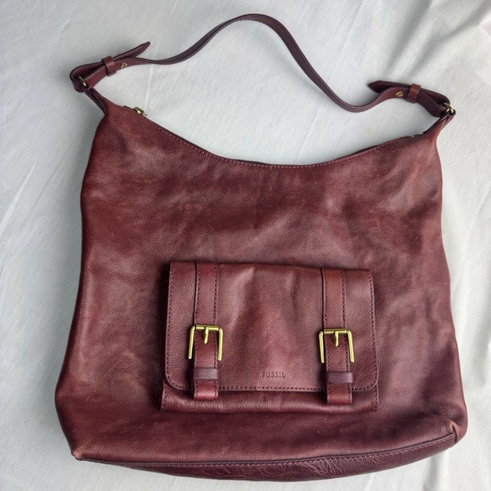 FOSSIL Cleo Large Hobo Shoulder Bag Burgundy Pebbled Leather Handbag Purse